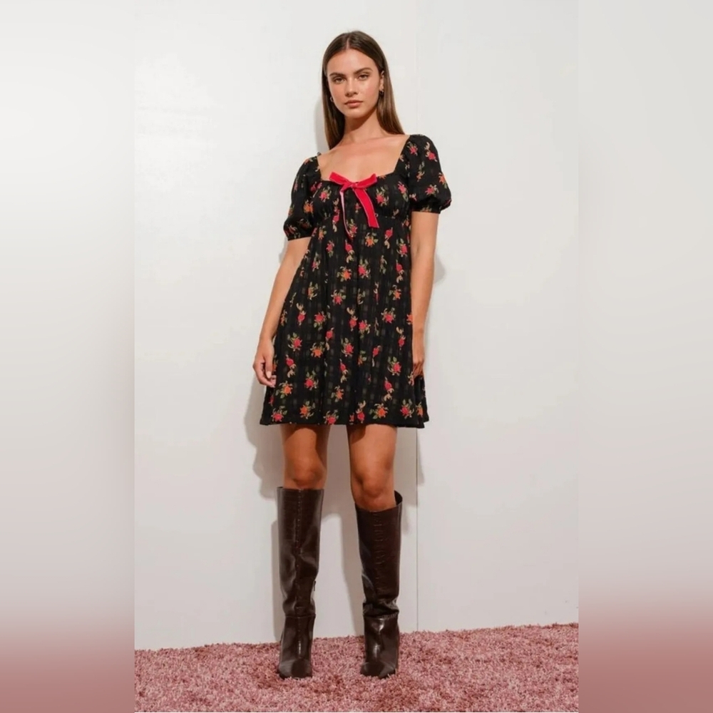 Elegant Black Floral Mini Dress with Red Details
